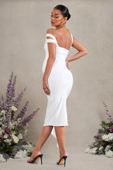 Just Wait | White Asymmetric Strappy Maternity Midi Dress With Drape