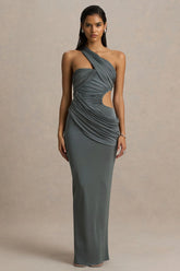 Serefine | Grey Asymmetric-Neck Maxi Dress With Body Cut-Out