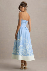 Annalise | Light Blue Floral Print Bandeau Skater Midi Dress