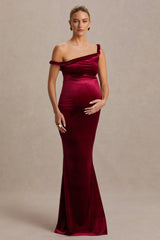 Tallulah | Burgundy Velvet Asymmetric-Neck Maternity Maxi Dress With Twist-Sleeve