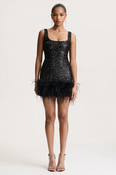 Rosalinda | Black Sequin Square-Neck Mini Dress With Feather Trim