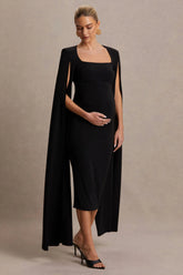 Flawless | Black Square-Neck Maternity Midi Dress With Cape-Sleeves