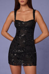Embellished A-line Mini Dress in Black