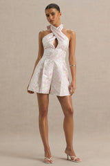 Sharie | Cream Floral Print Jacquard Halter-Neck Playsuit With Cut-Out Detail