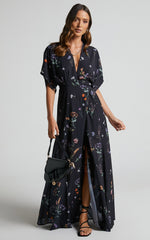 Erenza Maxi Dress - Extended Sleeve Wrap Dress in Black Flower Field