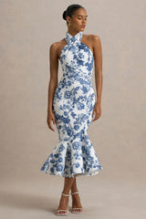 Sonoma | Blue Porcelain Print Halter-Neck Ruffle-Trim Midi Dress