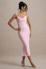 Addison | Pink Cowl-Neck Open-Back Midi Dress With Lace