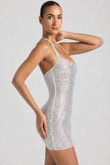 Embellished Halterneck Mini Dress in White