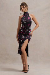 Violette | Black Ditsy Floral Print Satin High-Neck Split Midi Dress