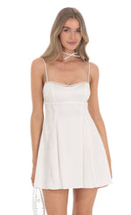 Embroidered Trim Satin Babydoll Dress in White