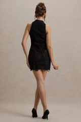 Bronwyn | Black Lace Plunge-Neck Buttoned Mini Dress