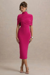 Cecille | Hot Pink Midi Dress With Cape Sleeve Detail