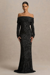 Obsession | Black Sequin Bardot-Neck Maxi Dress With Long Sleeves