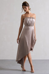 Willa | Taupe Satin Bandeau Maxi Dress With Asymmetric Hem