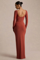 Matilda | Rust Boat-Neck Maxi Dress With Ruched Detailing
