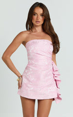 Laila Mini Dress - Jacquard Strapless Fit And Flare Dress in Pink