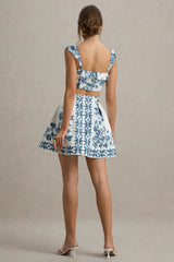 Modella | Blue Porcelain Print Skater Mini Skirt