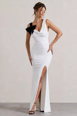 A Catch | White Cowl-Neck Split Maxi Dress With Bow