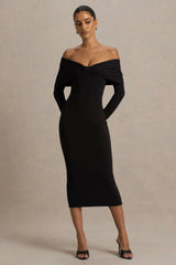 Spark | Black Bardot-Neck Midi Dress With Bow Detail
