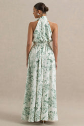 Talia | Green Floral Print High-Neck Maxi Dress With Front High Split