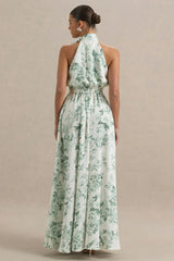 Talia | Green Floral Print High-Neck Maxi Dress With Front High Split