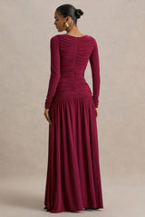 Aniyah | Burgundy High-Neck Maxi Dress With Ruched Detailing