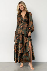 Montrouge Tiered Satin Dress | Olive Floral