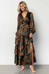 Montrouge Tiered Satin Dress | Olive Floral