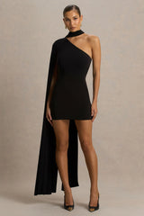 Arianne | Black Asymmetric-Neck Mini Dress With Scarf Detail