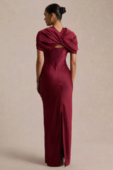 Yoli | Burgundy Satin Maxi Dress With Twist-Cape