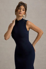 Janice | Navy High-Neck Hanky-Hem Maxi Dress