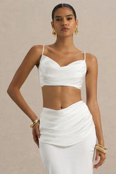 Una | White Ruched Cowl-Neck Crop Top