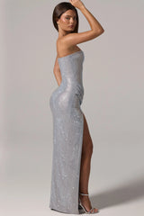 Embellished Bandeau Cowl-Waist Maxi Dress in Silver
