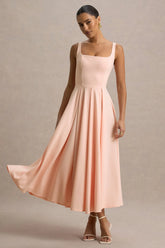Parina | Pink Strappy Volume-Hem Midi Dress