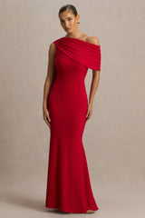 Zendaya | Red Asymmetric-Neck Fishtail Maxi Dress With Cape Detail