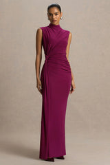 Solene | Burgundy High-Neck Maxi Dress With Wrap And Drape Detail