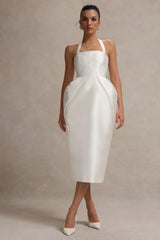 Cosetta | White Halter-Neck Midi Dress With Tulip Skirt