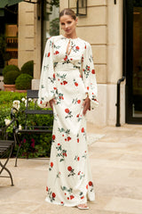 Wild Rose | Rose Print Satin Puff-Sleeve Cut-Out Maxi Dress