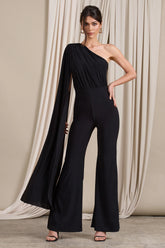Aurora | Black One Shoulder Cape Sleeve Jumpsuit