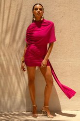 Farrah | Hot Pink High-Neck Draped Mini Dress With Sash