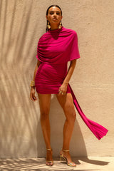 Farrah | Hot Pink High-Neck Draped Mini Dress With Sash