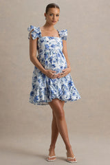 Dolly Daze | Blue Floral Print Ruffle Sleeve Babydoll Maternity Mini Dress