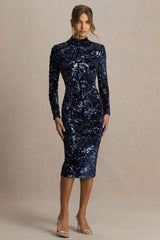 Alanita | Navy Velvet And Sequin High-Neck Midi Dress With Long Sleeves