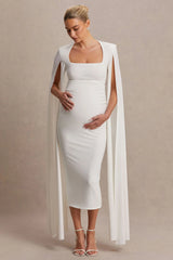 Flawless | White Square-Neck Maternity Midi Dress With Cape-Sleeves