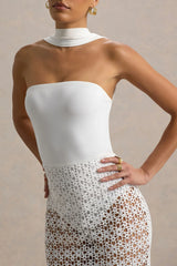 Tamala | White High-Neck Midi Dress With Lace Skirt