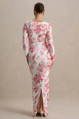 Vanette | Pink Floral Print Asymmetric Long-Sleeve Maternity Maxi Dress