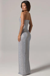 Embellished Bandeau Cowl-Waist Maxi Dress in Silver