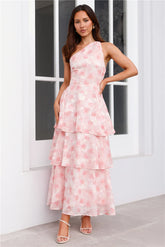 Whispering Waters One Shoulder Maxi Dress Pink