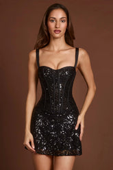 Embellished Peekaboo Corset A-Line Mini Dress in Black Zebra