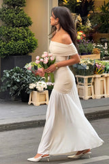 Venezia | Stone & White Bardot Puff-Skirt Maxi Dress